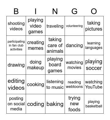 관심사 표현하기 Bingo Card