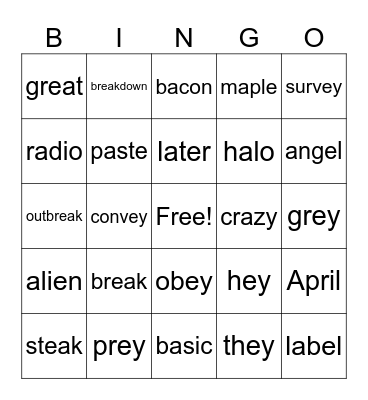 a,ey,ea (long a sound) Bingo Card