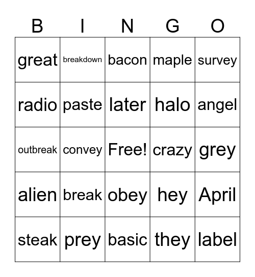 a,ey,ea (long a sound) Bingo Card