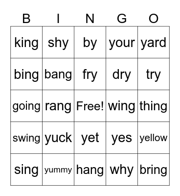 ng, y, y sounds Bingo Card