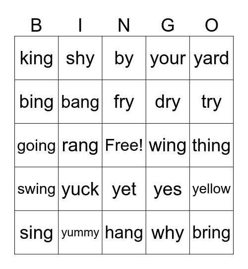 ng, y, y sounds Bingo Card