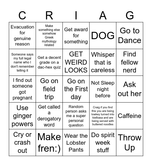 Junior Year Bingo Card