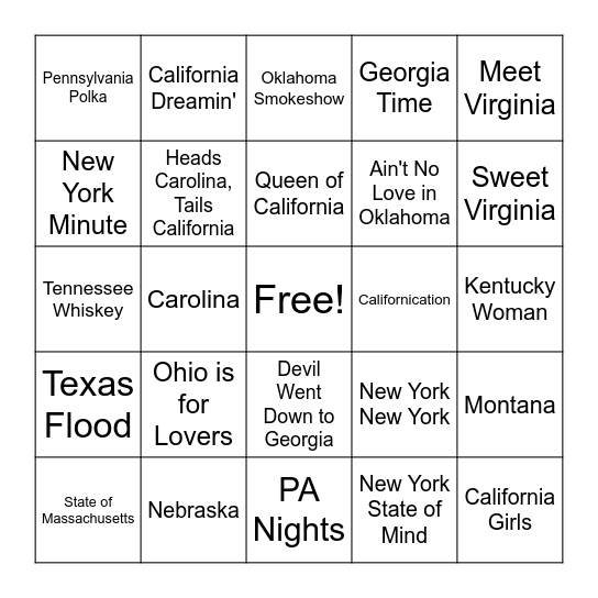 Songs with State Name in the Title Bingo Card