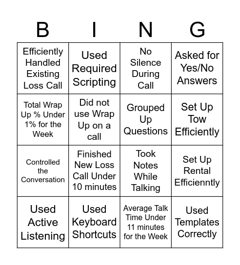 Efficiency! Bingo Card