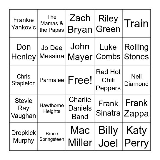Songs with State Name in the Title Bingo Card