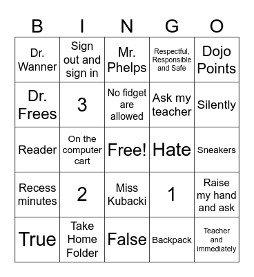 Back to School Bingo Card