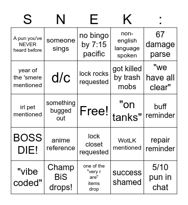 SNEKGO2 Bingo Card