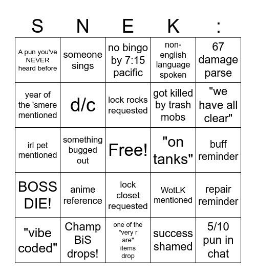 SNEKGO2 Bingo Card