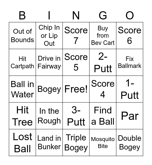 Rules: 1. Get as many BINGO's as you can with only traditional scoring. 2. Mark only 1 scoring box per hole (ex: par, 2-putt, or score 5). 3. No limit on non-scoring options. Bingo Card