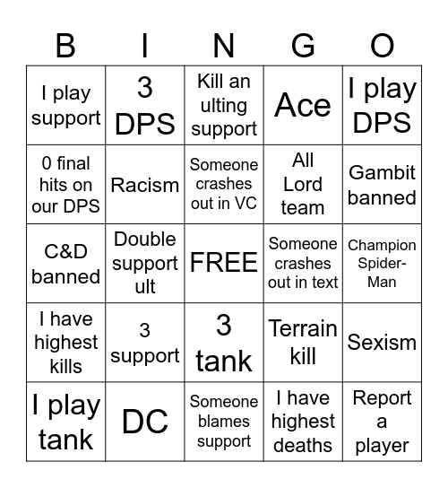 Rivals Bingo Card