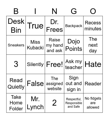 Back to School Bingo Card