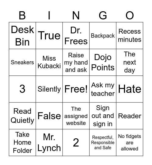Back to School Bingo Card