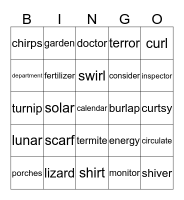 R-Controlled Vowel Syllable Words Bingo Card