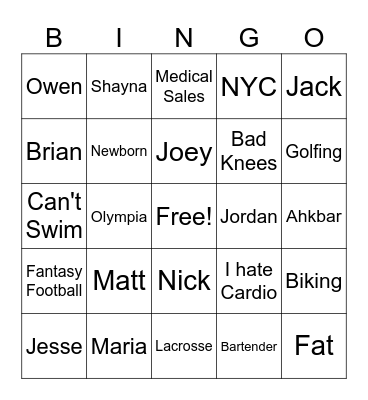 Family Fantasy Bingo Card