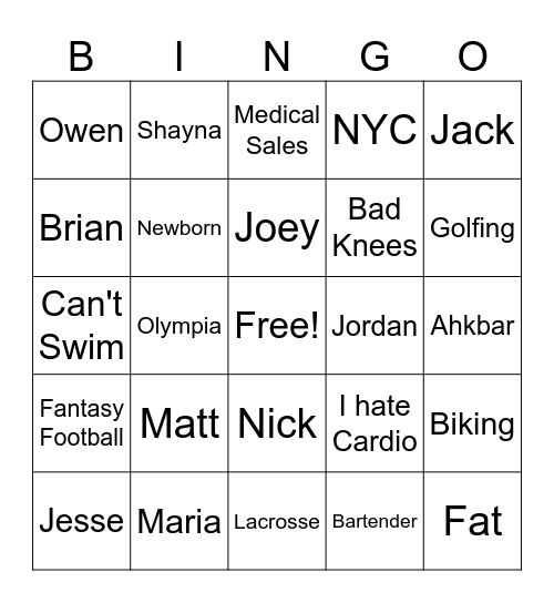 Family Fantasy Bingo Card