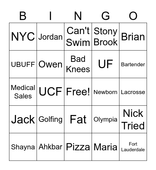 Family Fantasy Bingo Card