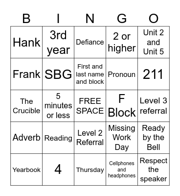 English with Mrs. Holbrook Bingo Card