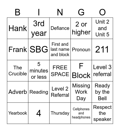 English with Mrs. Holbrook Bingo Card