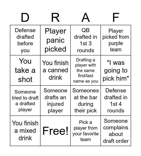 Official Football League Bingo Card