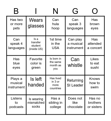 Supplemental Instruction Leader Orientation Bingo Card