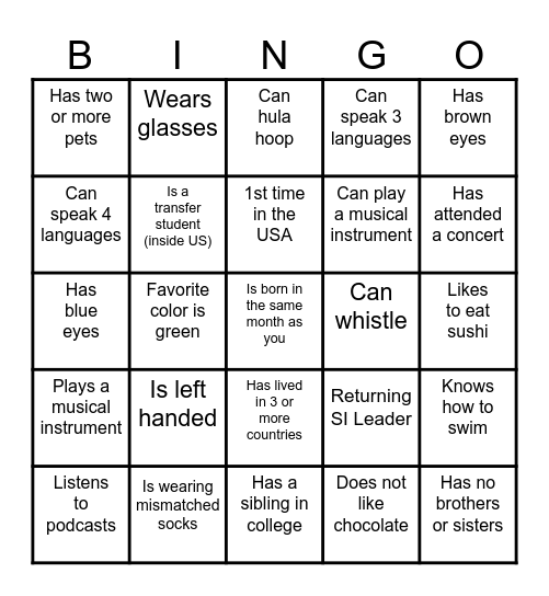 Supplemental Instruction Leader Orientation Bingo Card