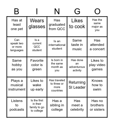 Supplemental Instruction Leader Orientation Bingo Card