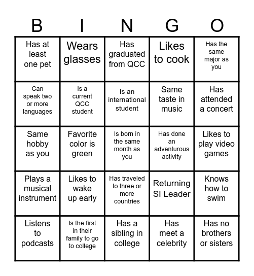 Supplemental Instruction Leader Orientation Bingo Card
