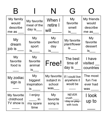 Fill in the blank Bingo Card