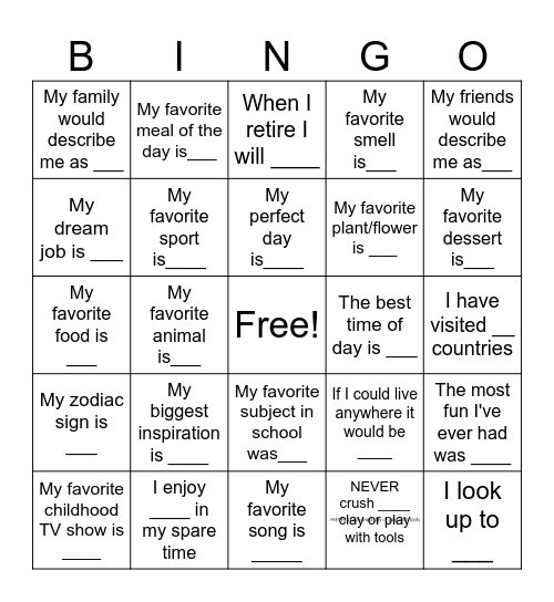Fill in the blank Bingo Card