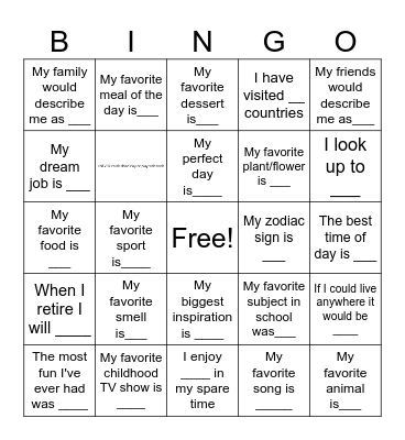 Fill in the blank Bingo Card