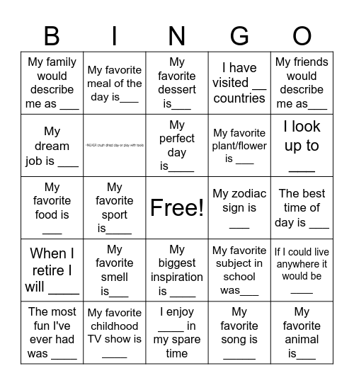 Fill in the blank Bingo Card