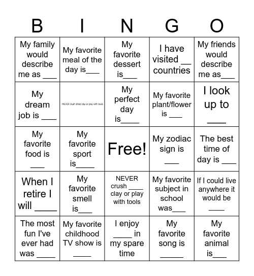 Fill in the blank Bingo Card