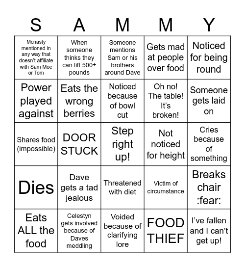 Average Sam experience Bingo Card