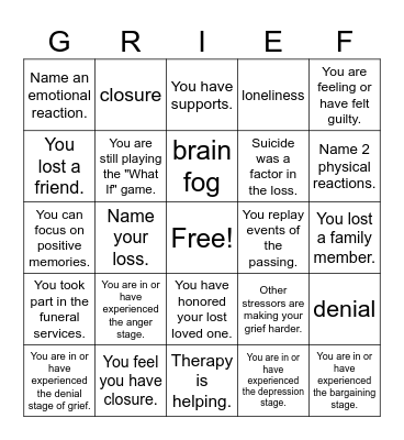 Grief and Loss Bingo Card