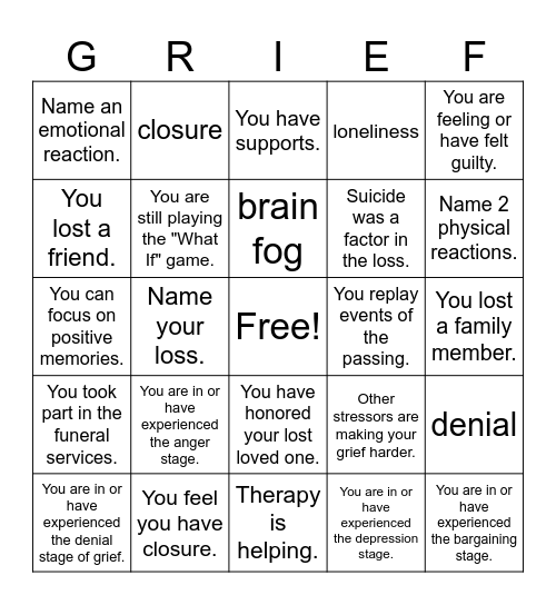 Grief and Loss Bingo Card