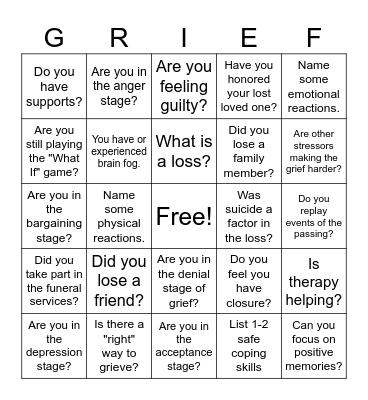 Grief and Loss Bingo Card