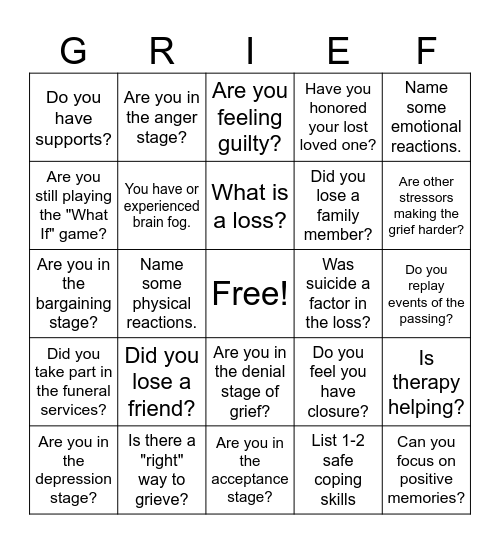 Grief and Loss Bingo Card