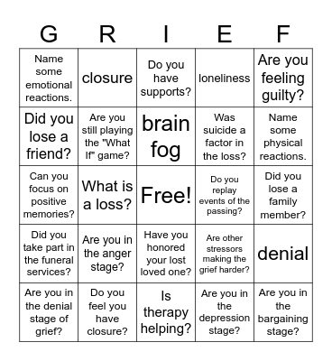 Grief and Loss Bingo Card