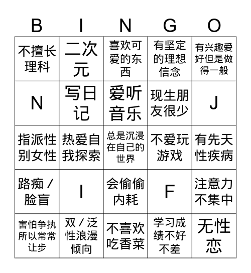 “我”Bingo Card