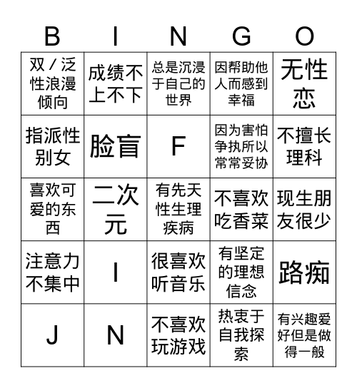 “我”bingo Card