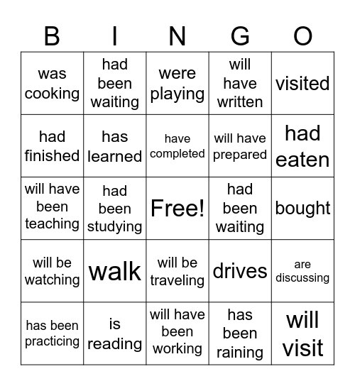 Verb Tenses Bingo Card