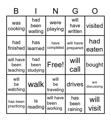 Verb Tenses Bingo Card