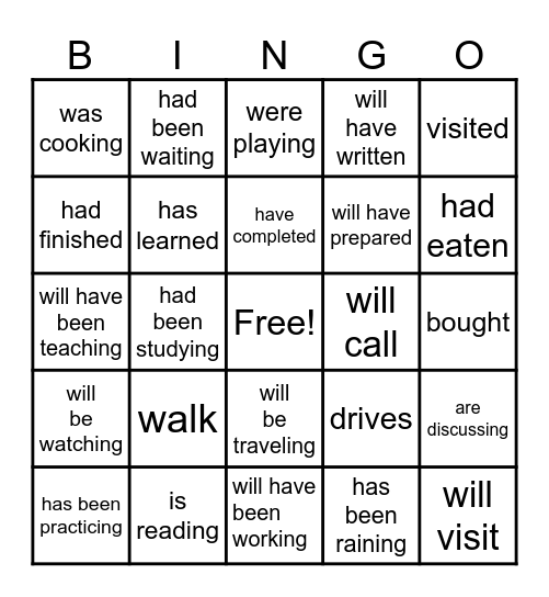 Verb Tenses Bingo Card