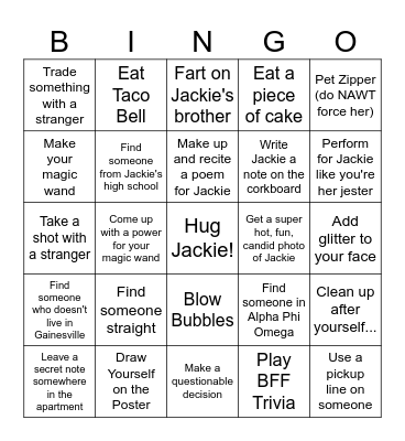Jackie's 21st Bingo Card