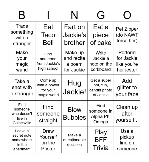 Jackie's 21st Bingo Card
