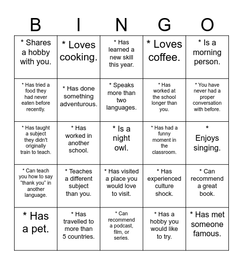 Get to know your colleagues Bingo Card