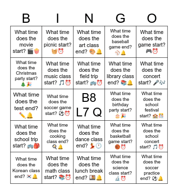 B8 L7 Q What time does the picnic start? 🧺⏰ Bingo Card