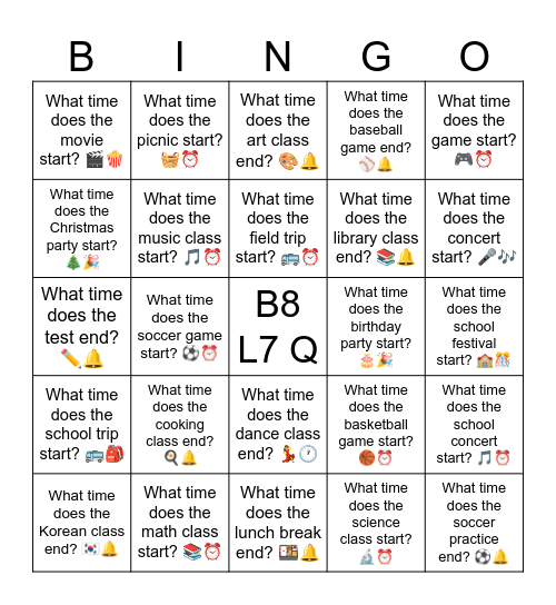 B8 L7 Q What time does the picnic start? 🧺⏰ Bingo Card