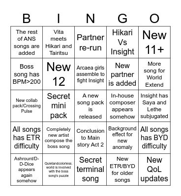 Arcaea 7.0 Bingo Card