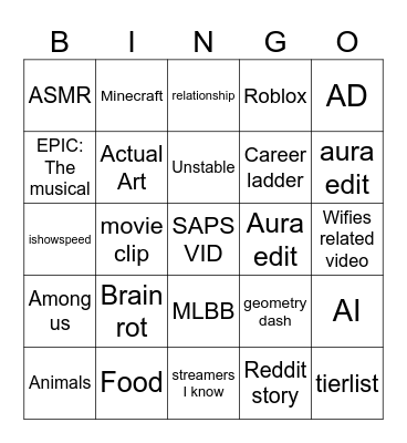 Youtube Shorts Bingo Card